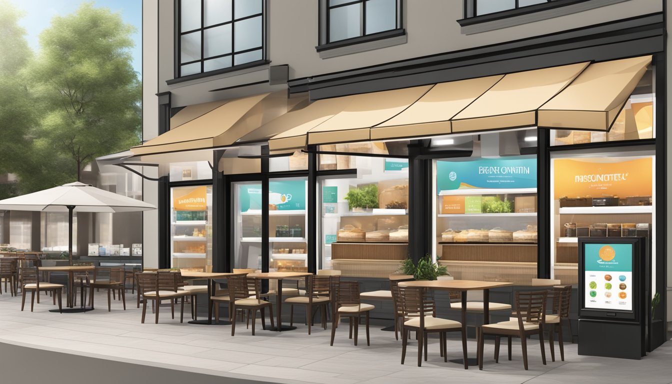A modern storefront with logo signage, digital screens, and branded merchandise displays. Outdoor seating area with branded umbrellas and menu boards
