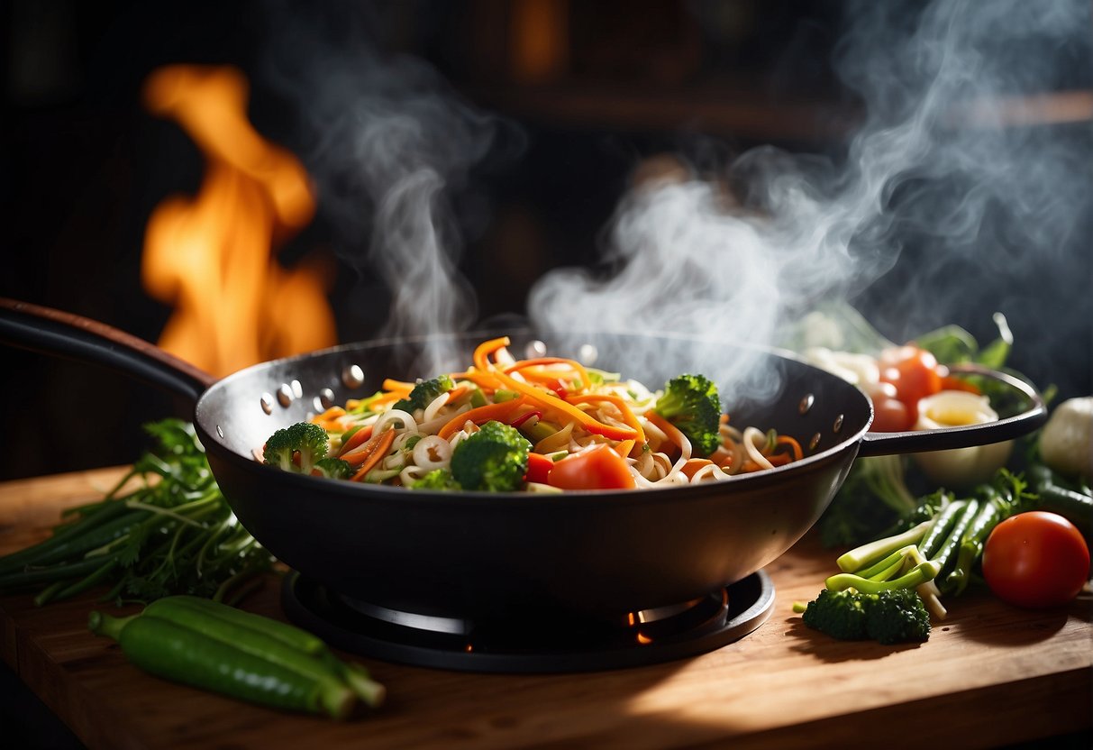 A wok sizzles as vegetables are stir-fried in a savory sauce, steam rising. Ingredients surround the wok on a wooden cutting board