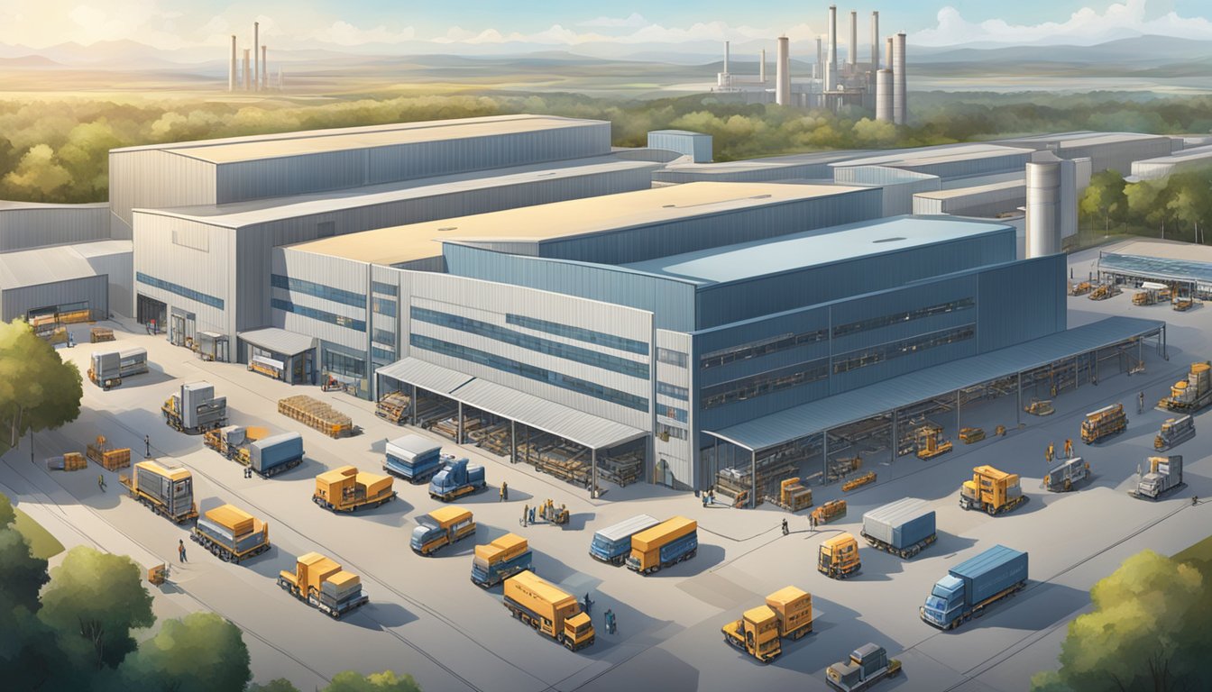 A sprawling factory complex with various brand logos on the exterior. Machinery and trucks are visible, with workers bustling about
