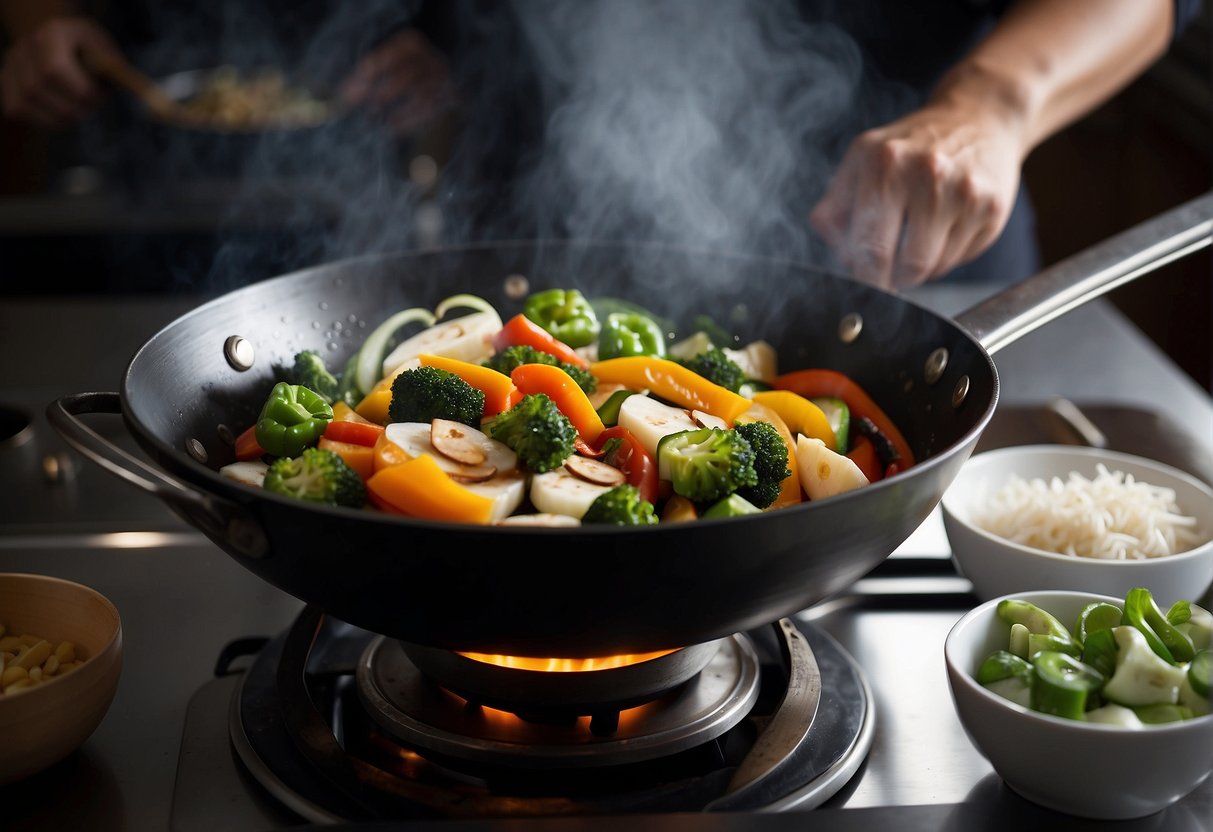 A wok sizzles with stir-frying vegetables in a savory Chinese sauce. Steam rises as the chef adds soy sauce and ginger