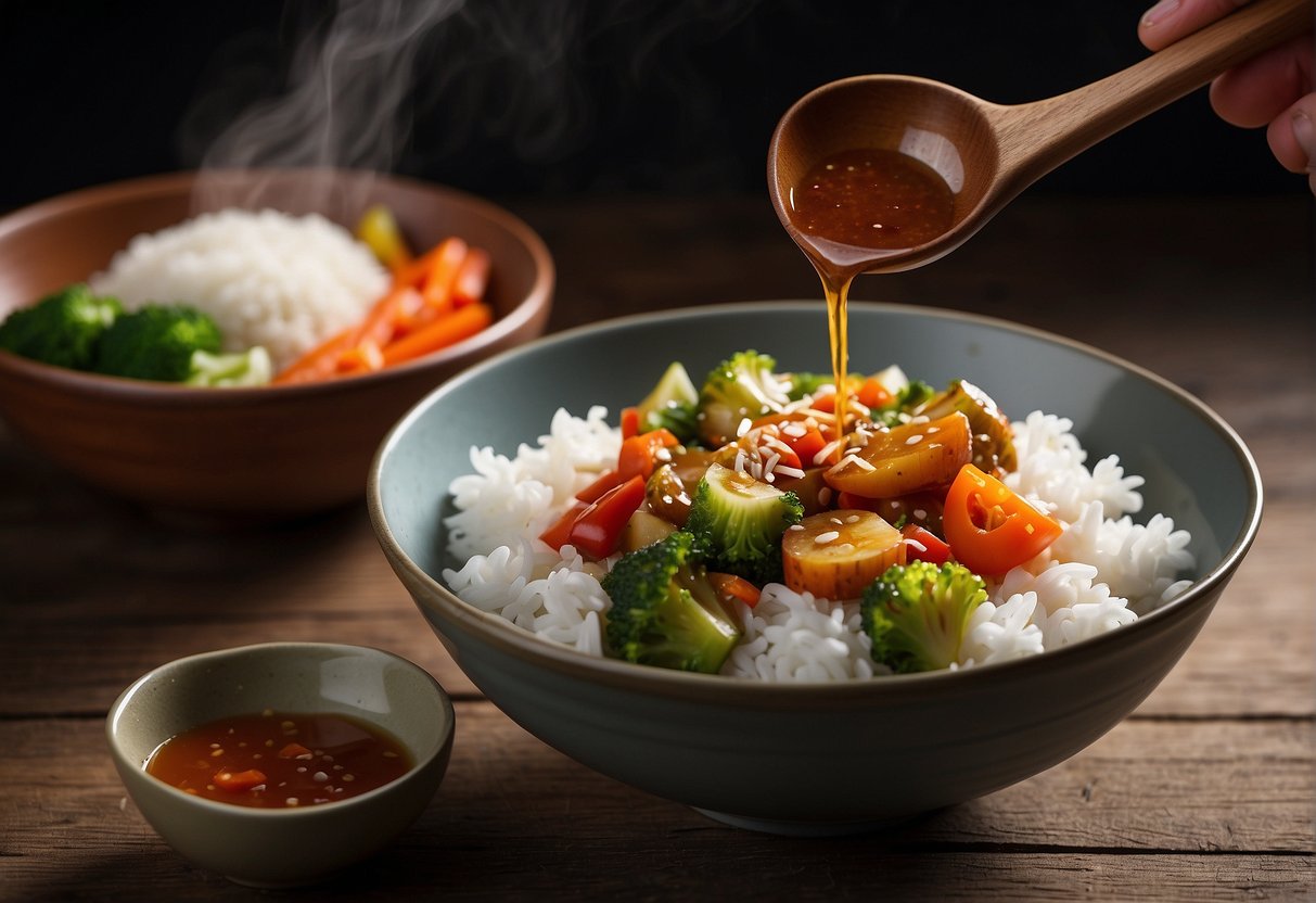 A bowl of Chinese vegetable sauce being poured over a stir-fry, with a side of steamed rice and chopsticks on a wooden table