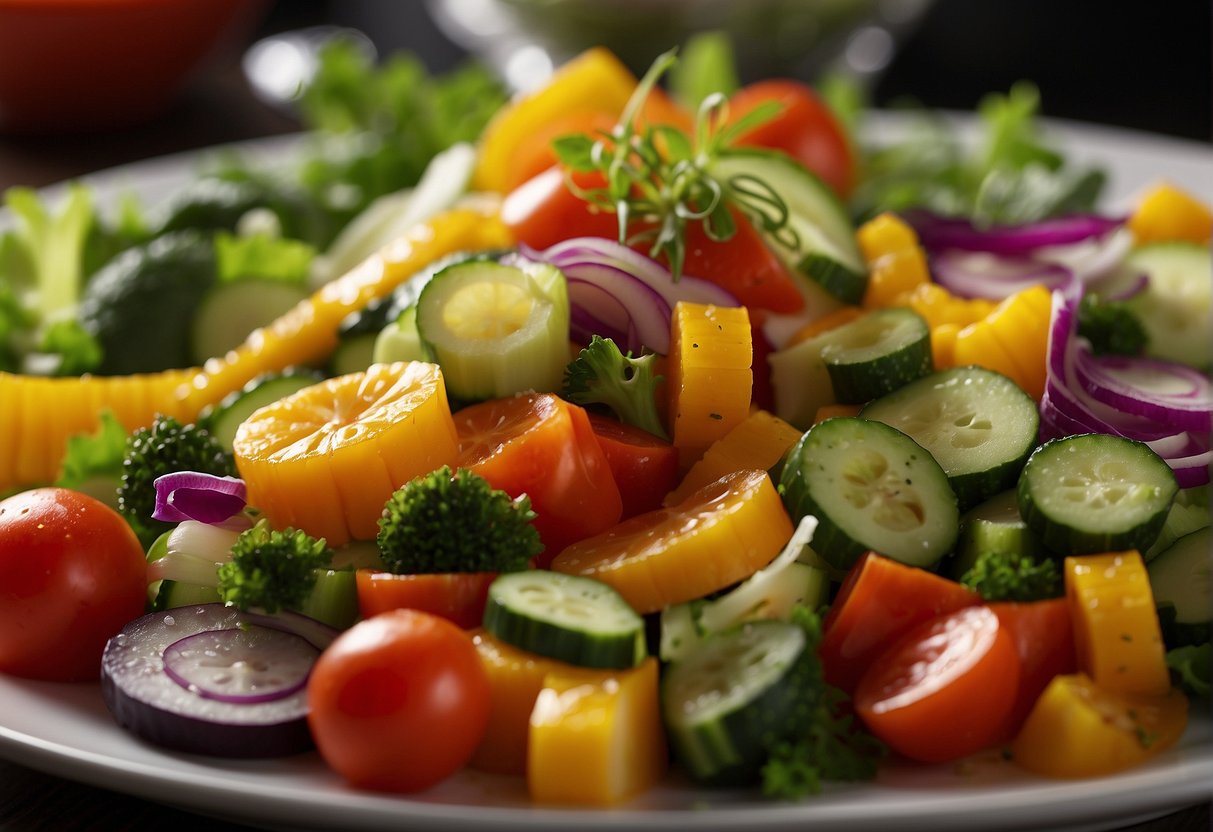 Freshly chopped vegetables arranged in a colorful display, with a drizzle of savory sauce being poured over the salad