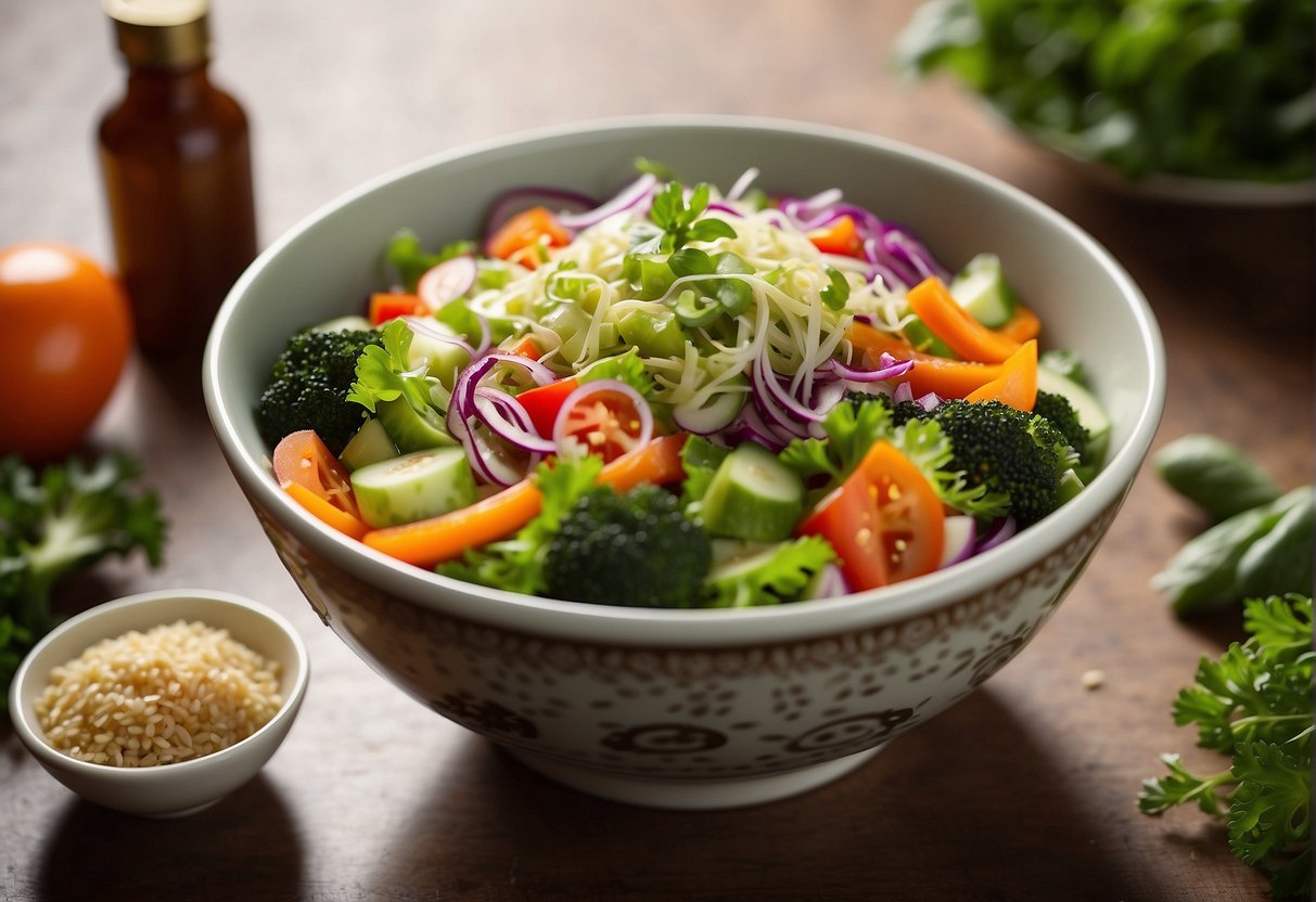 A bowl of colorful Chinese vegetable salad surrounded by various fresh ingredients and a bottle of dressing