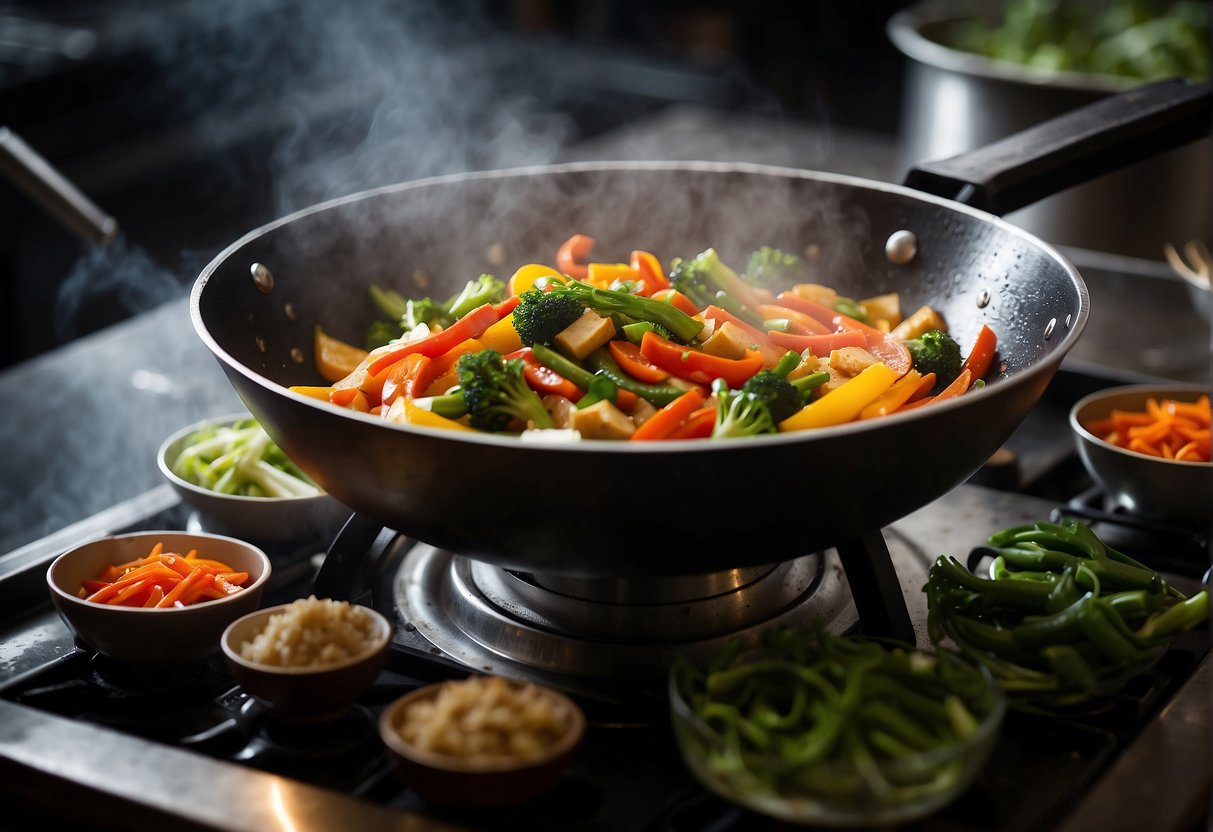 A wok sizzles as vegetables are stir-fried in a savory Chinese sauce. Steam rises and the aroma fills the air. Ingredients surround the wok