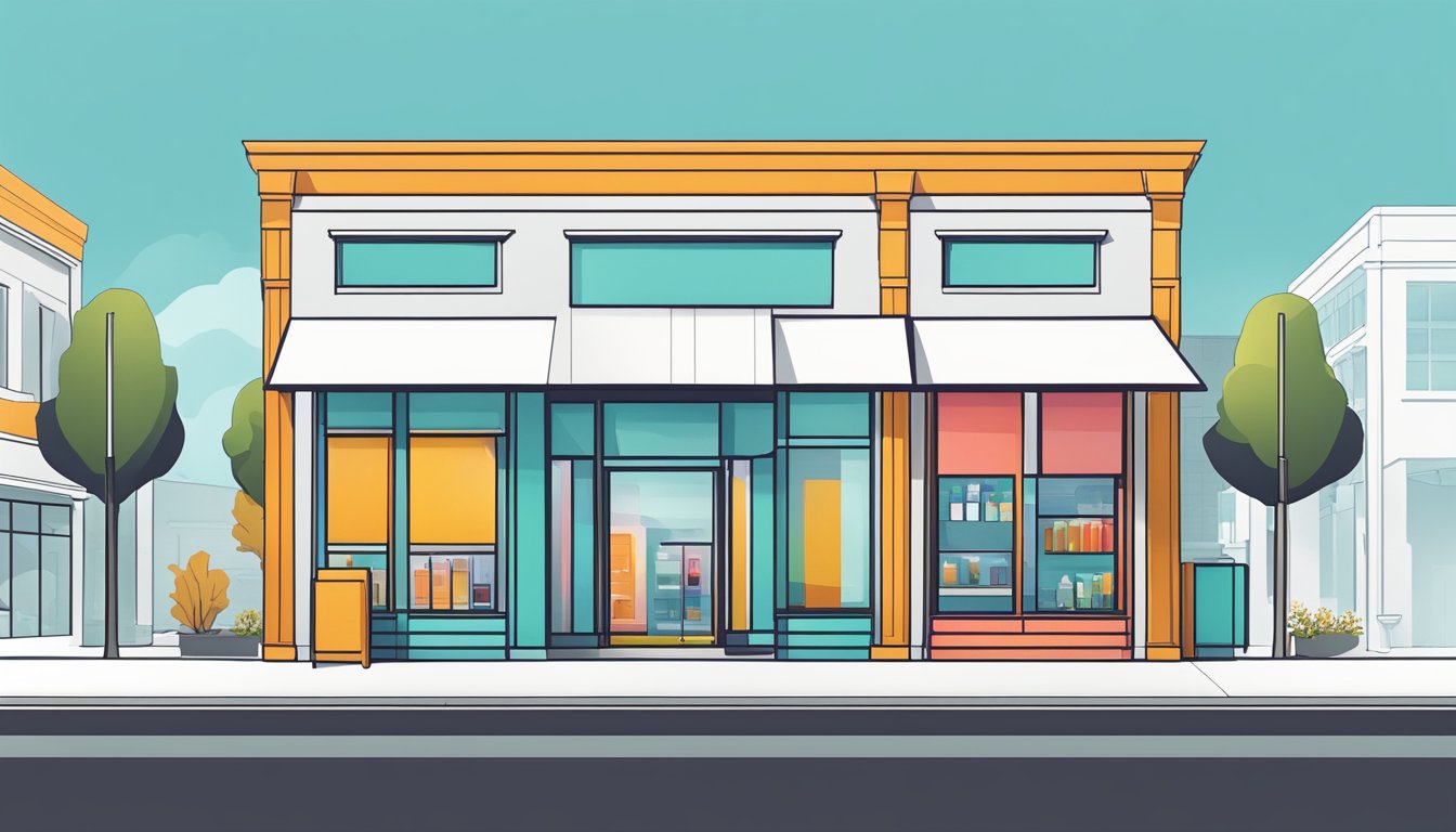 A sleek, modern logo adorns a clean, minimalist storefront, with bold typography and vibrant colors, creating a striking visual impact
