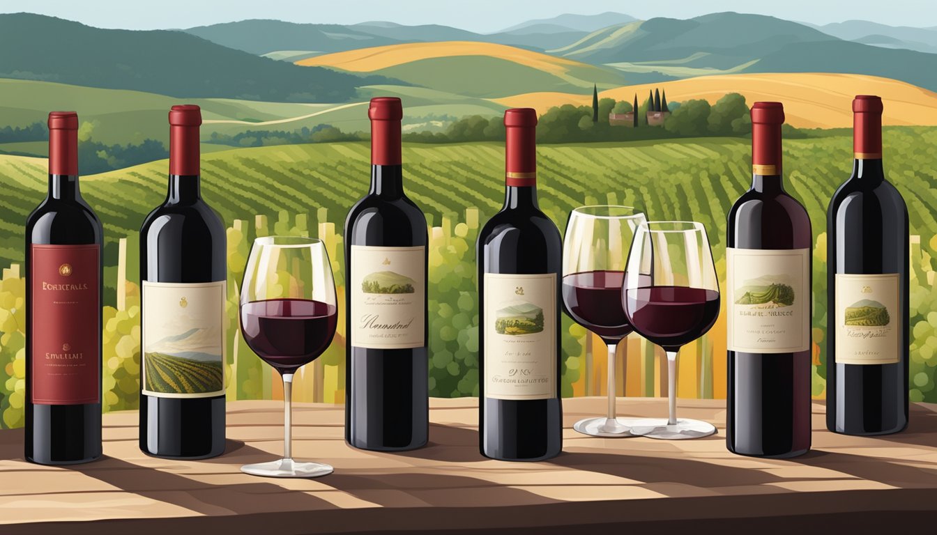 A table adorned with various red wine bottles, each with distinct labels and shapes, set against a backdrop of vineyards and rolling hills
