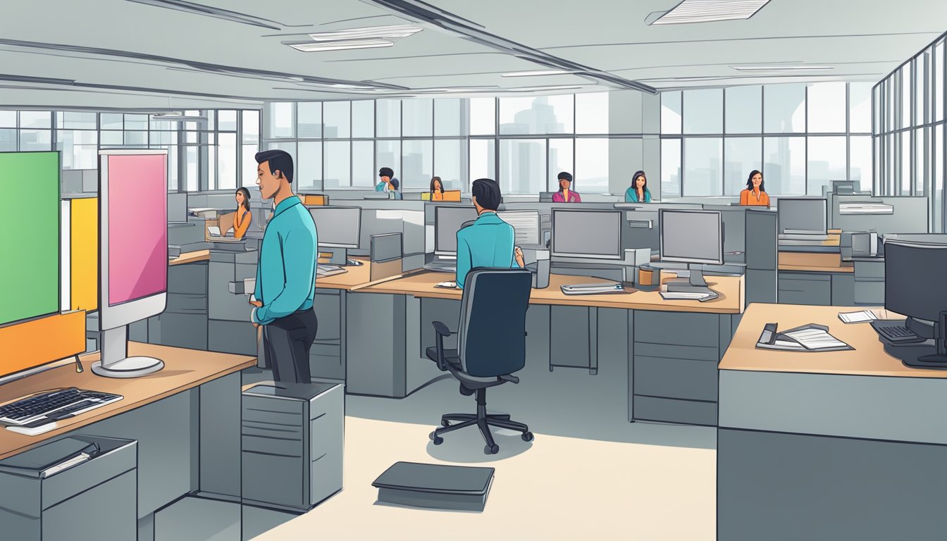 A customer service representative answers common questions in a modern, organized office setting