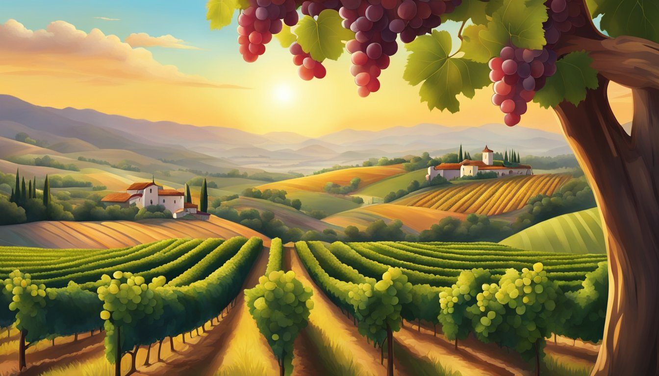 Vineyards sprawl across rolling hills, basking in the warm glow of the sun. Grapes hang heavy on the vines, ready for harvest in the world's premier red wine regions