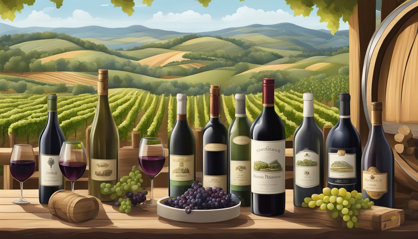 A table adorned with bottles of iconic red wine brands and producers, surrounded by vineyard landscapes and oak barrels