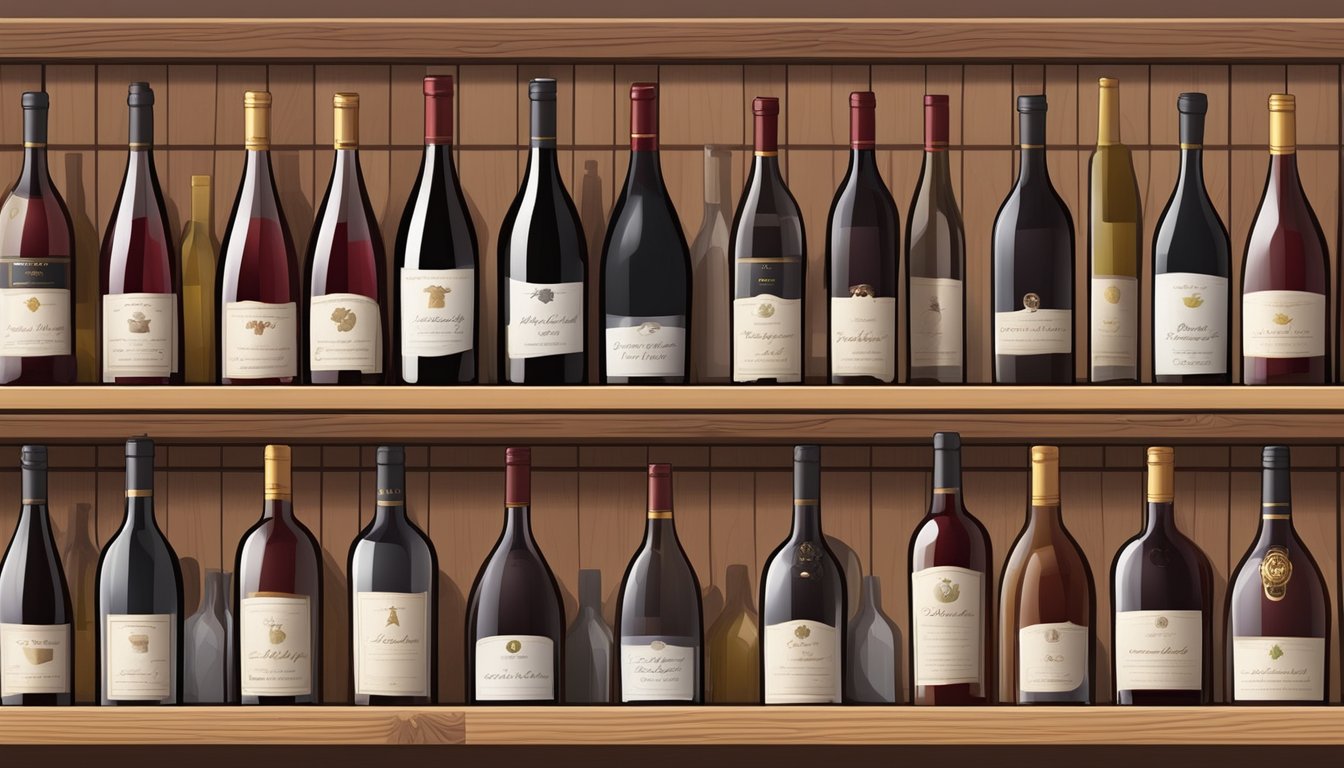 Various red wine bottles displayed on a wooden shelf, with price tags and quality ratings visible