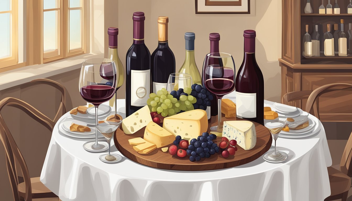 A bottle of red wine and a platter of assorted cheeses and fruits sit on a wooden table, surrounded by elegant wine glasses