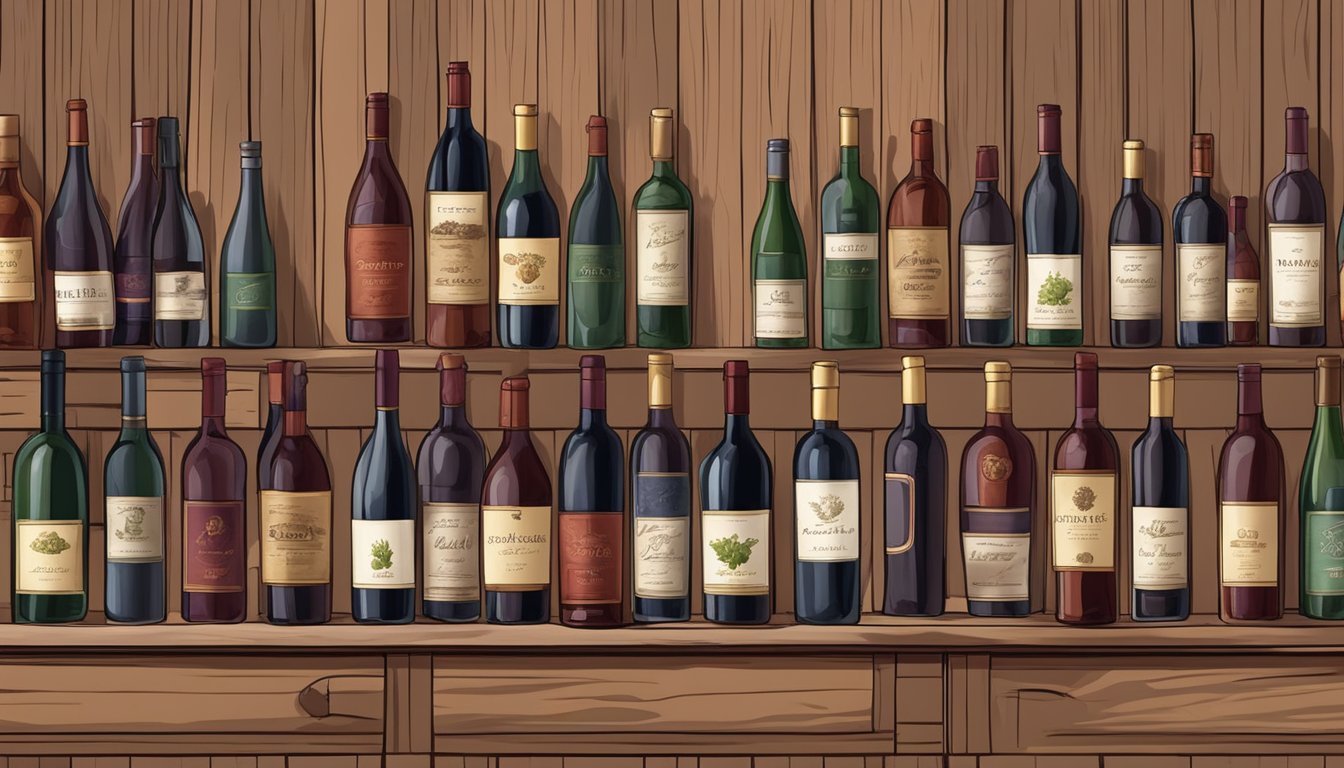 A table with various bottles of red wine, each labeled with a different brand name. The bottles are arranged neatly with a backdrop of a wine cellar or a rustic setting
