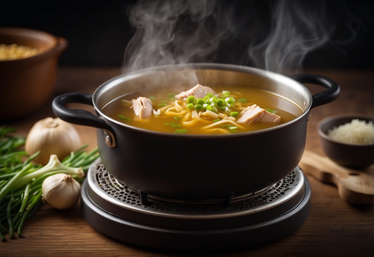 A pot simmers with chicken broth, soy sauce, ginger, and scallions. Steam rises as the savory aroma fills the kitchen