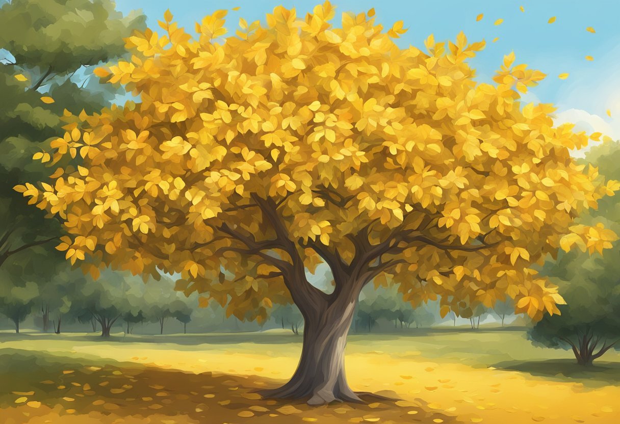 Bright yellow leaves cover an orange tree