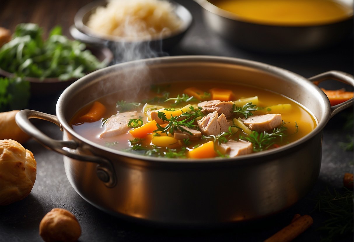 A pot simmering with aromatic herbs and spices infusing into a rich, golden chicken broth. Chopped vegetables and meat ready to be added