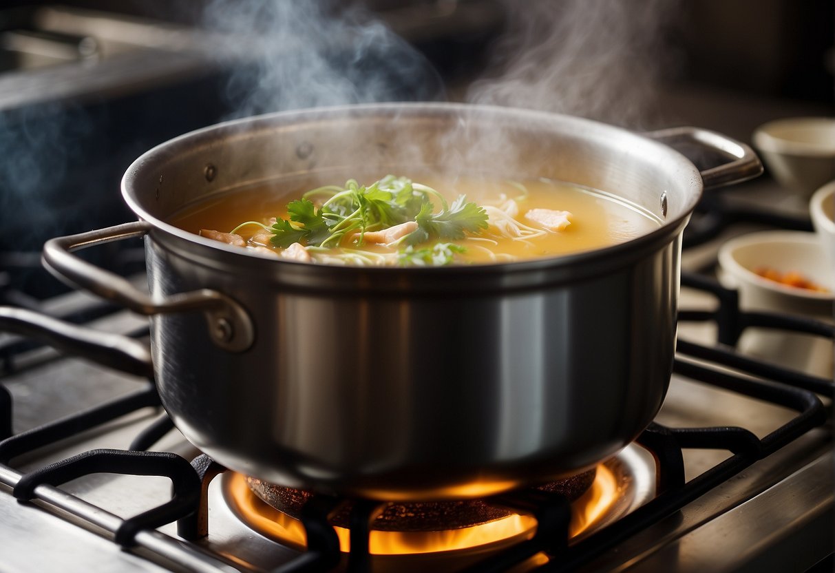 A pot simmers on a stove, filled with aromatic chicken broth and traditional Chinese ingredients. Steam rises as the flavors meld together in the cooking process