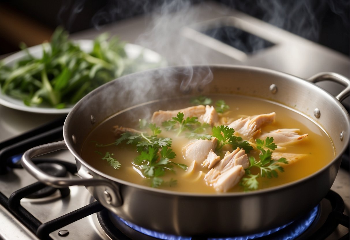 A steaming pot of Chinese chicken broth simmers on a stove, filled with aromatic herbs and tender pieces of chicken, emitting a rich and savory aroma