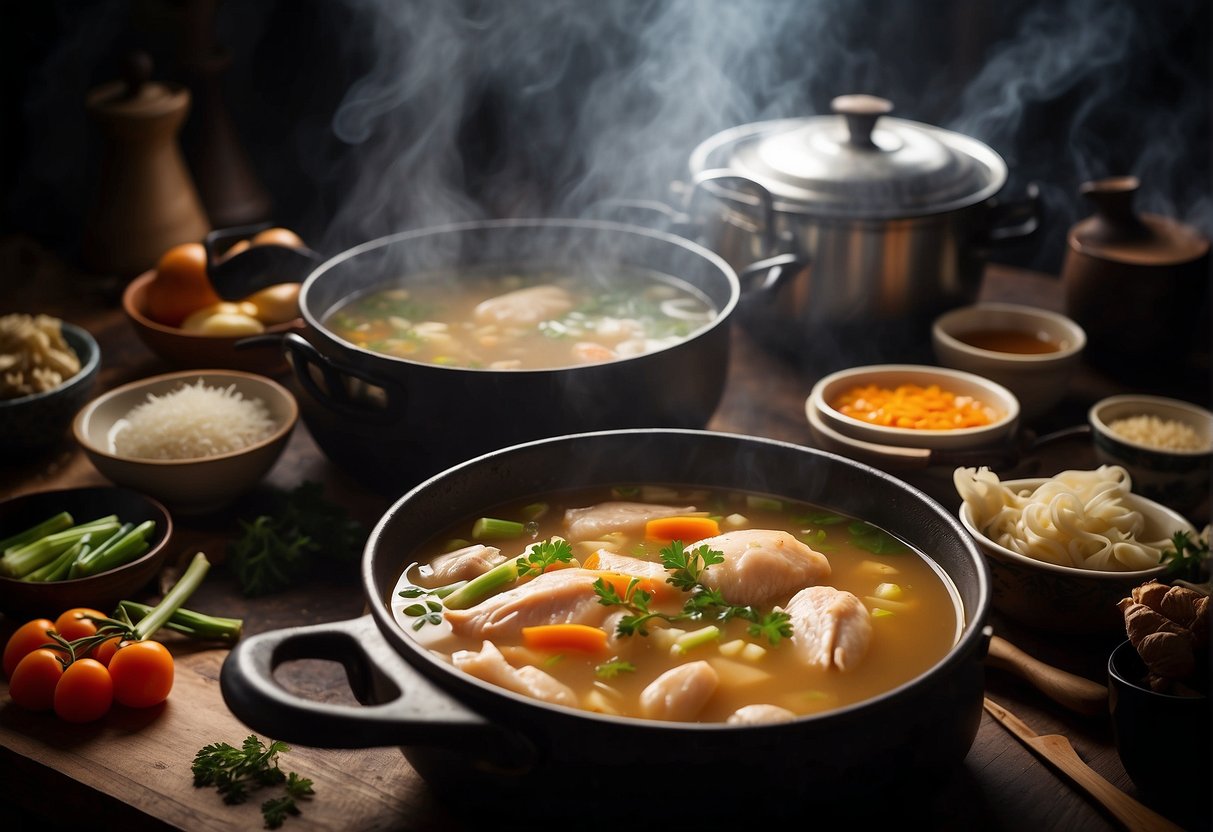 A pot of chicken broth simmers on a stove, surrounded by traditional Chinese cooking ingredients and utensils. A recipe book lies open nearby, with the page for chicken broth highlighted