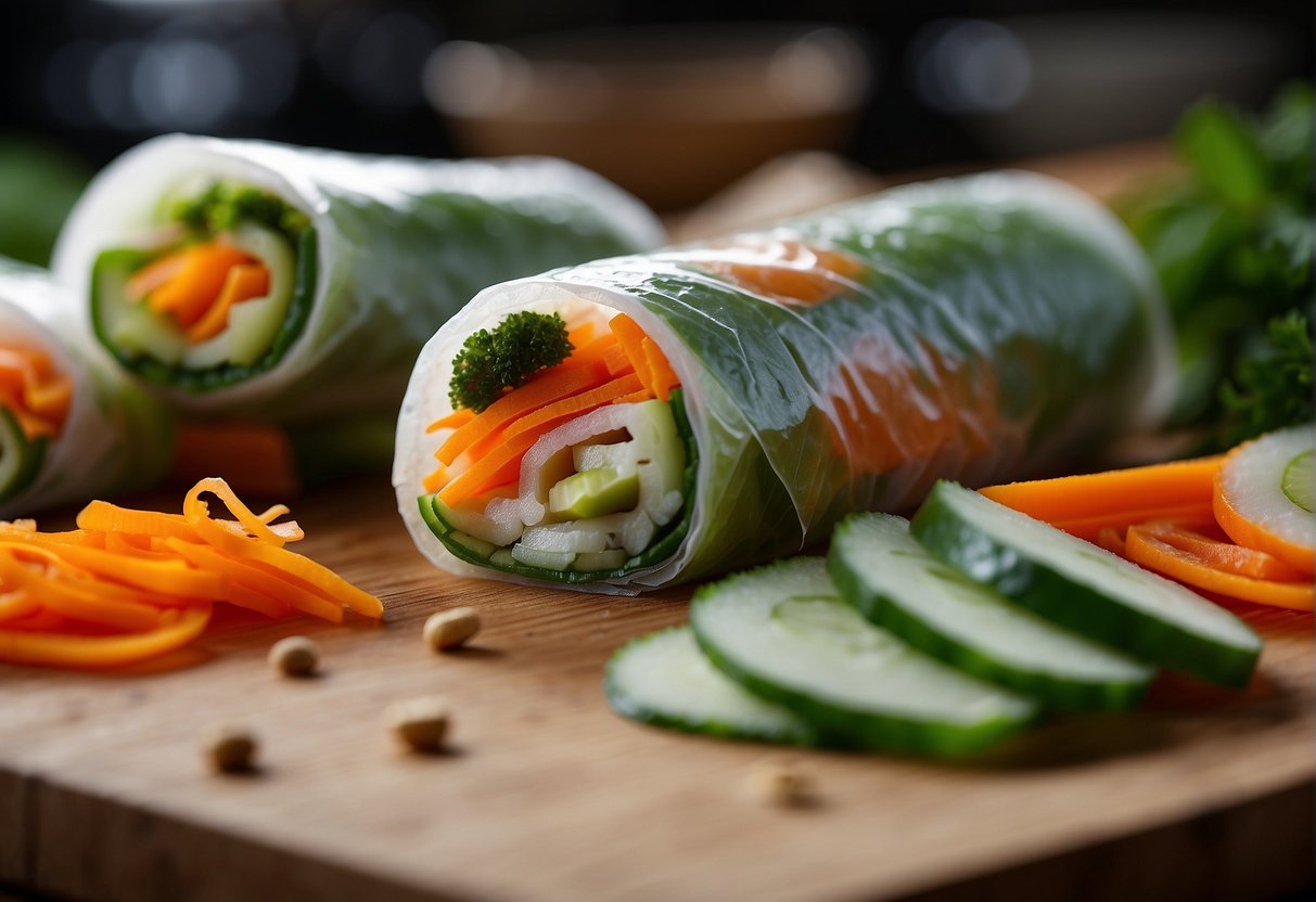 Fresh vegetables being chopped, mixed with savory seasonings, and carefully wrapped in thin, translucent spring roll wrappers