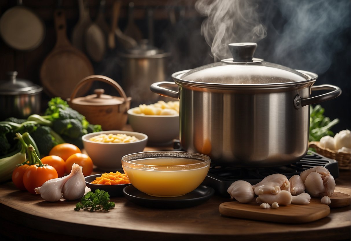 A steaming pot of Chinese chicken broth sits on a stove, surrounded by various ingredients and cooking utensils. A recipe book with "Frequently Asked Questions" written on the cover is open nearby