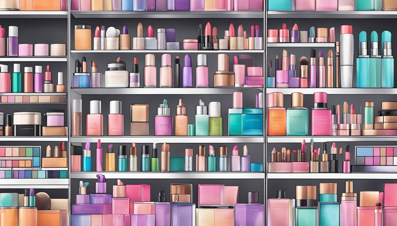 A colorful array of Sephora brand products arranged neatly on sleek shelves. Bright lights illuminate the pristine packaging, showcasing a variety of makeup and skincare items
