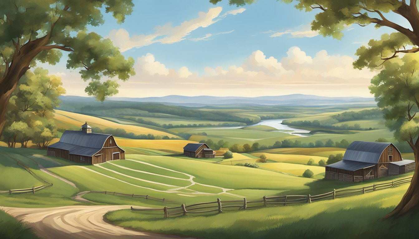 A sprawling countryside with rolling hills, a rustic barn, and a winding river, all under a clear blue sky, represents the Heritage of Lancaster brand