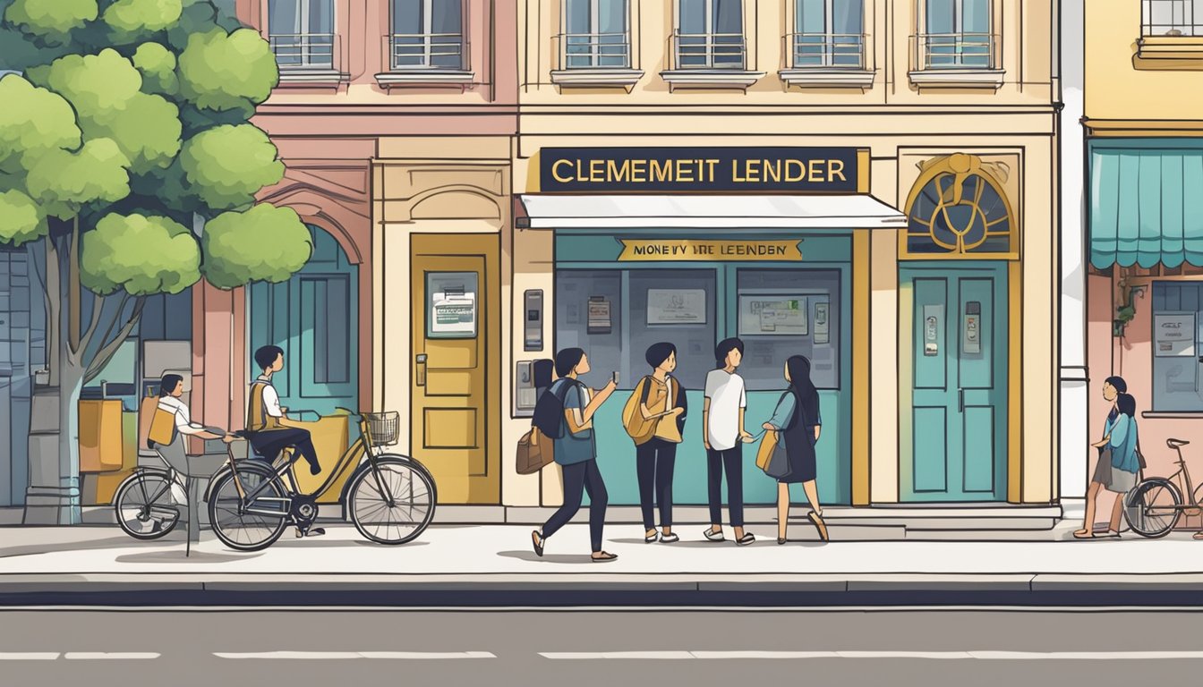 A storefront with the sign "Clementi Licensed Money Lender" in Singapore, with a line of people waiting outside, and a credit score chart prominently displayed