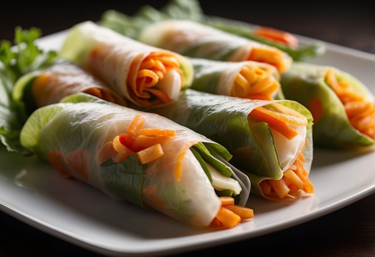 Fresh vegetables being wrapped in thin spring roll wrappers, then fried until golden and crispy