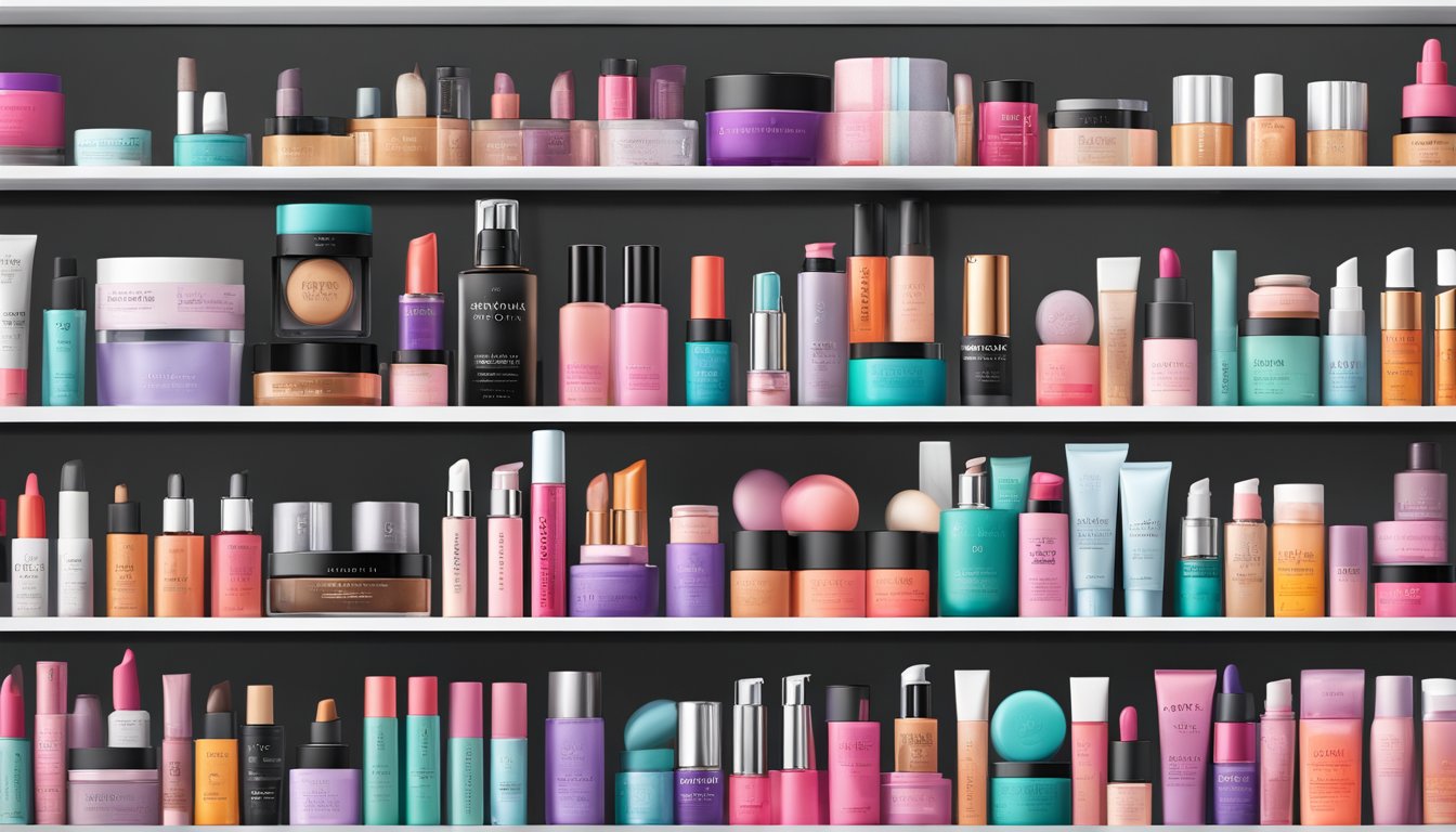 A display of iconic Sephora brands arranged on sleek shelves with bold, colorful packaging and stylish typography