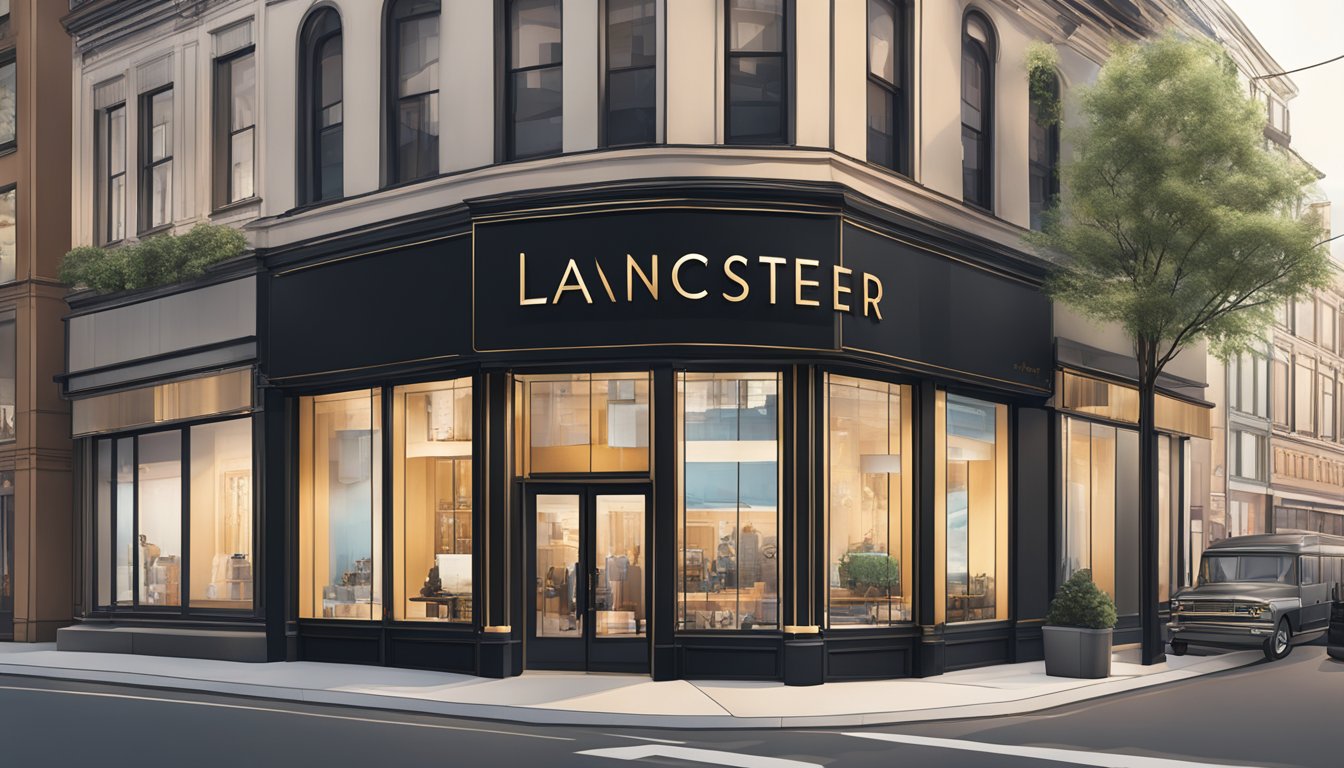 The Lancaster Iconic Collections brand logo shines on a sleek, modern storefront, surrounded by bustling city streets