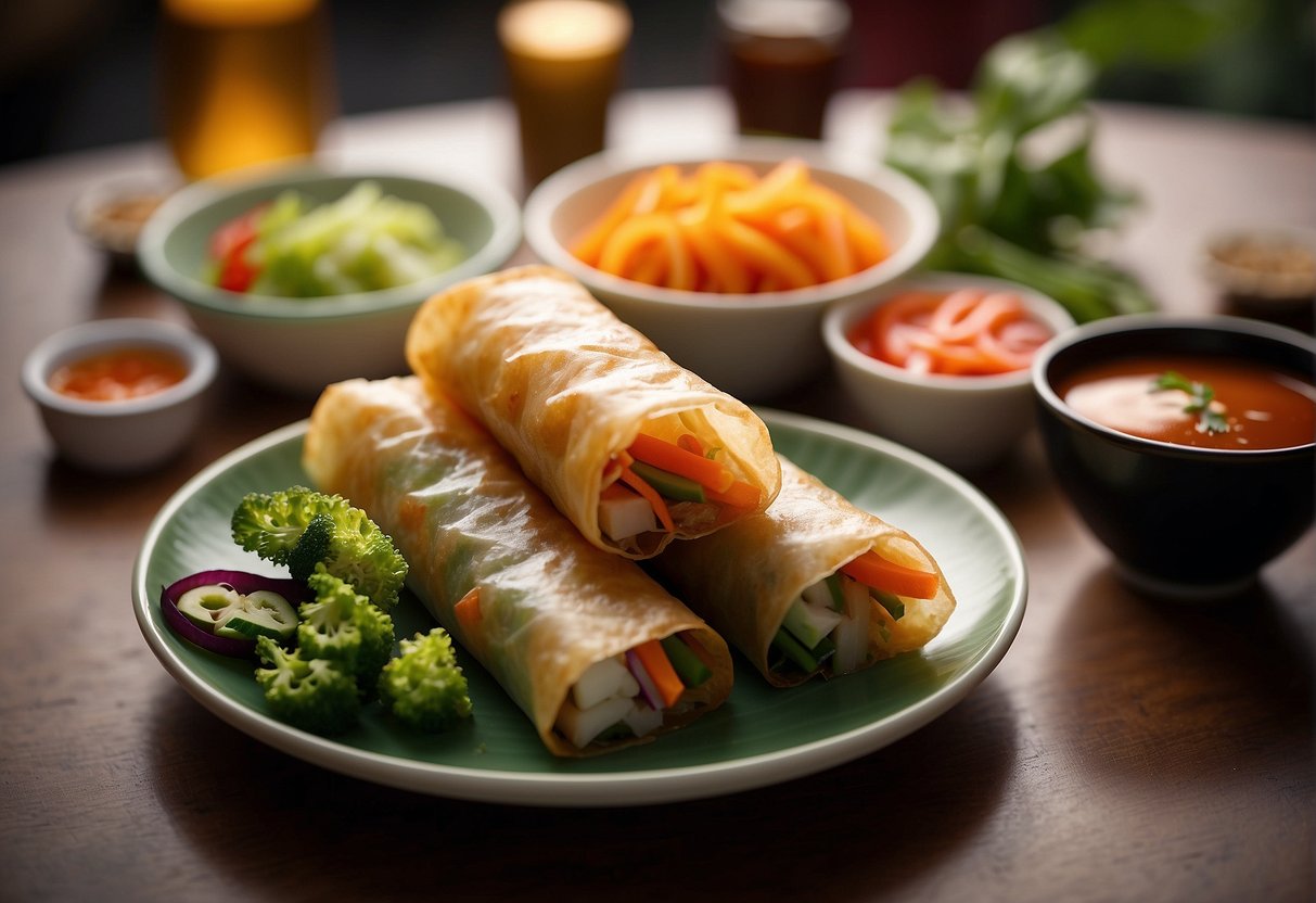 A plate of golden brown Chinese vegetable spring rolls surrounded by a colorful array of fresh vegetables and a small dish of dipping sauce