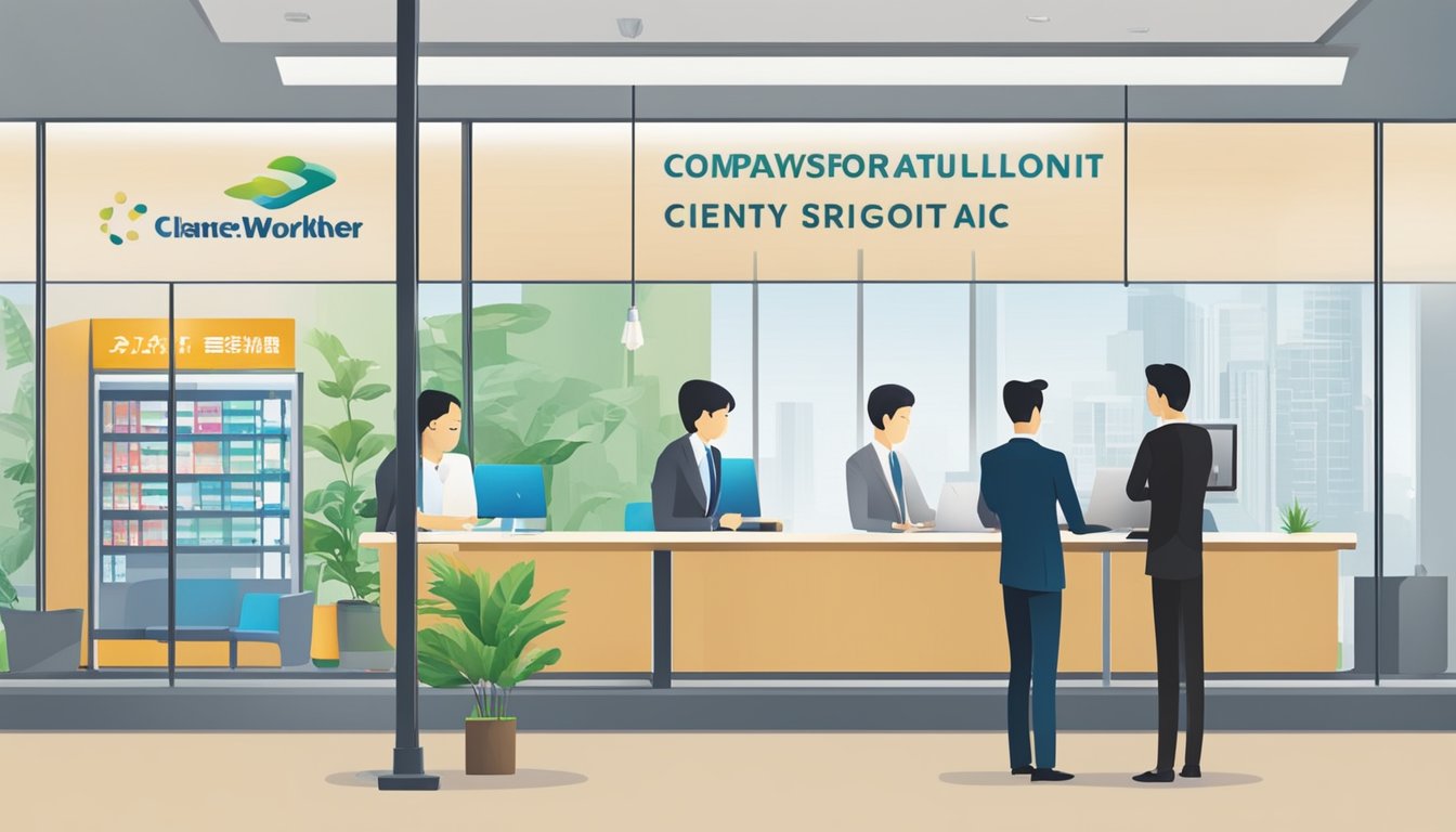 A licensed money lender in Clementi, Singapore assesses creditworthiness. A sign displays the company's name and logo. Customers wait in a clean, modern office
