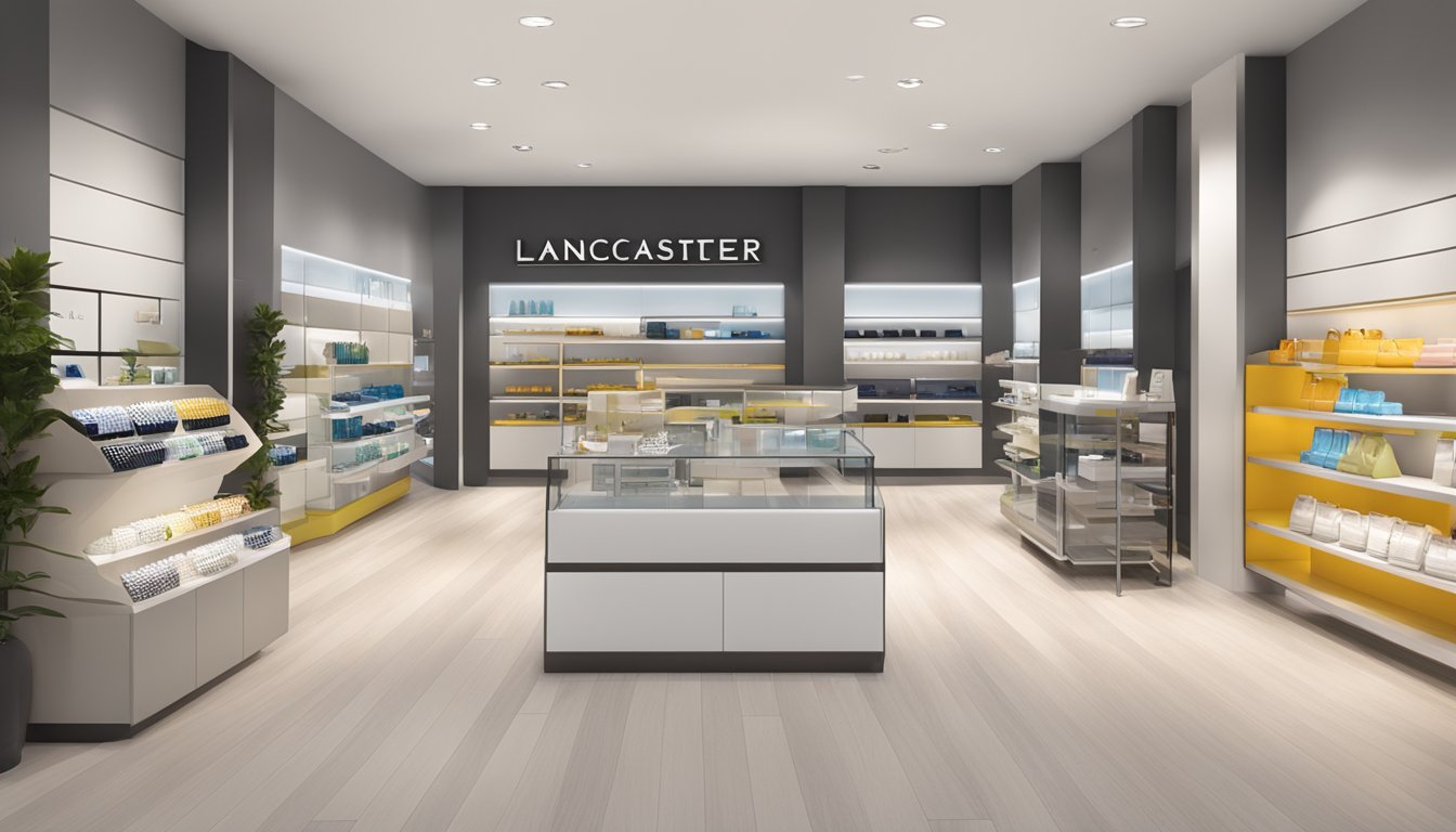 A bright, modern retail store with sleek displays and inviting signage for the Lancaster brand. Clean and organized with a focus on luxury and quality