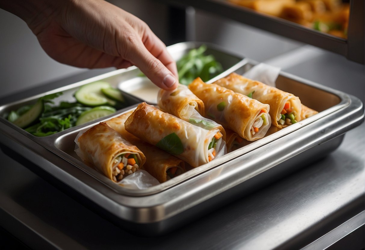 A hand reaches for a container of Chinese vegetable spring rolls, placing them in the microwave for reheating. The rolls are neatly arranged on a plate, ready to be enjoyed