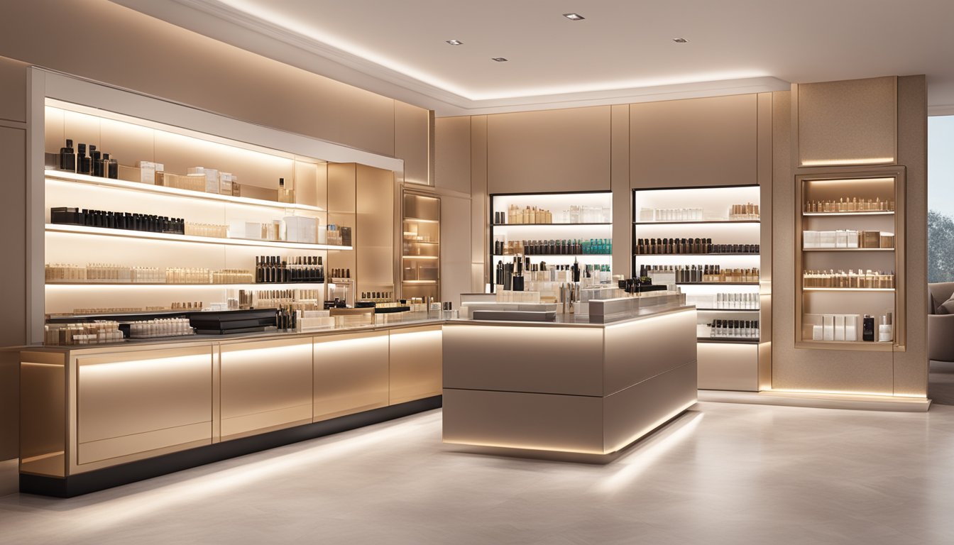 A sleek, modern beauty counter displays Lancaster's Beauty Range products in soft, warm lighting. Clean, minimalist packaging and luxurious textures evoke a sense of sophistication and elegance