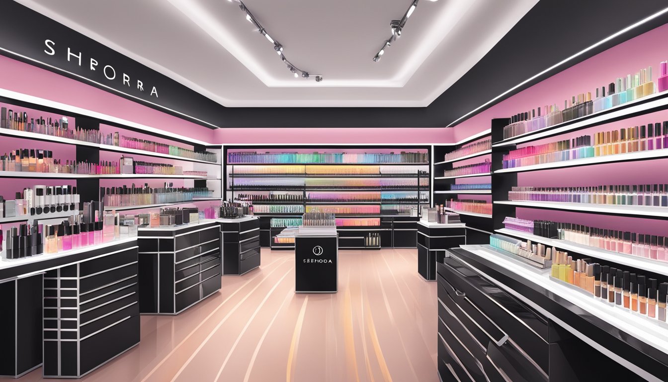 A display of Sephora beauty tools and accessories, arranged neatly on shelves with bright lighting, showcasing various brands and products