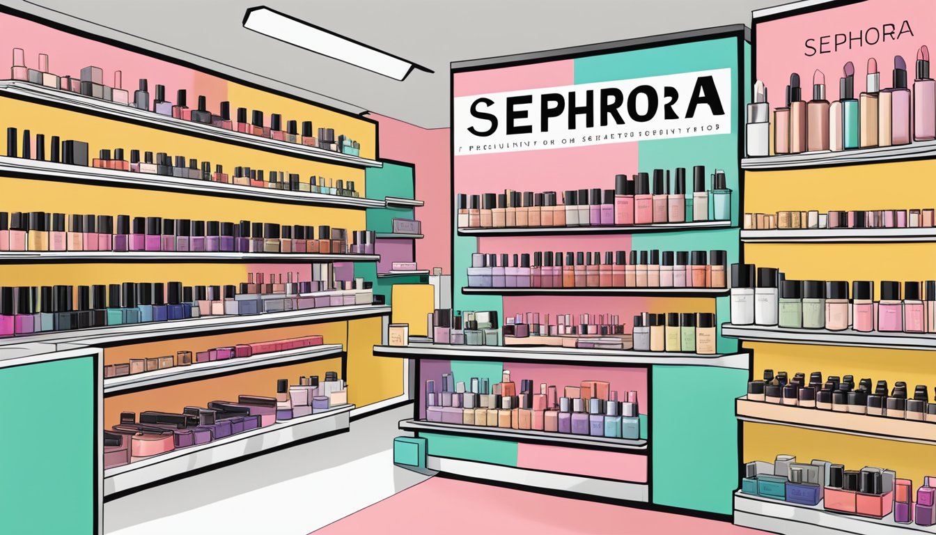 A colorful display of Sephora brand products with a "Frequently Asked Questions" sign prominently featured