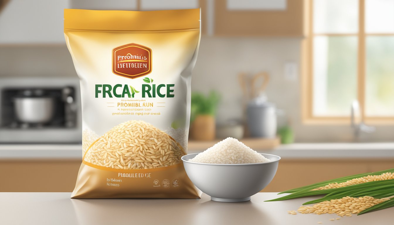 A bag of parboiled rice sits on a kitchen counter, with steam rising from the grains. The brand name is prominently displayed on the packaging