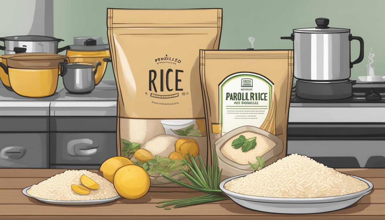 A bag of "What Is Parboiled Rice?" sits on a kitchen counter, surrounded by various cooking utensils and ingredients. The label prominently displays the brand name, while the rice inside appears partially cooked and slightly yellow in color