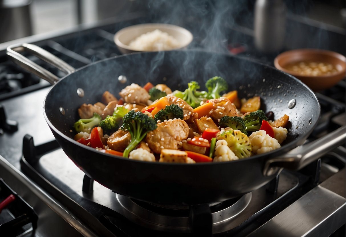 A wok sizzles as chicken and cauliflower stir-fry in a savory Chinese sauce. Steam rises, filling the kitchen with mouth-watering aromas