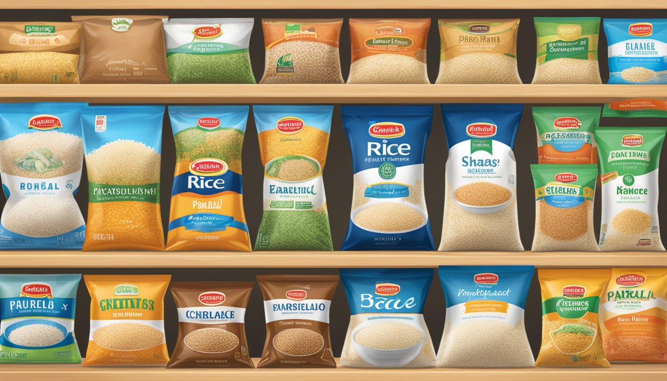Various bags of parboiled rice, featuring top brand names, arranged on a supermarket shelf
