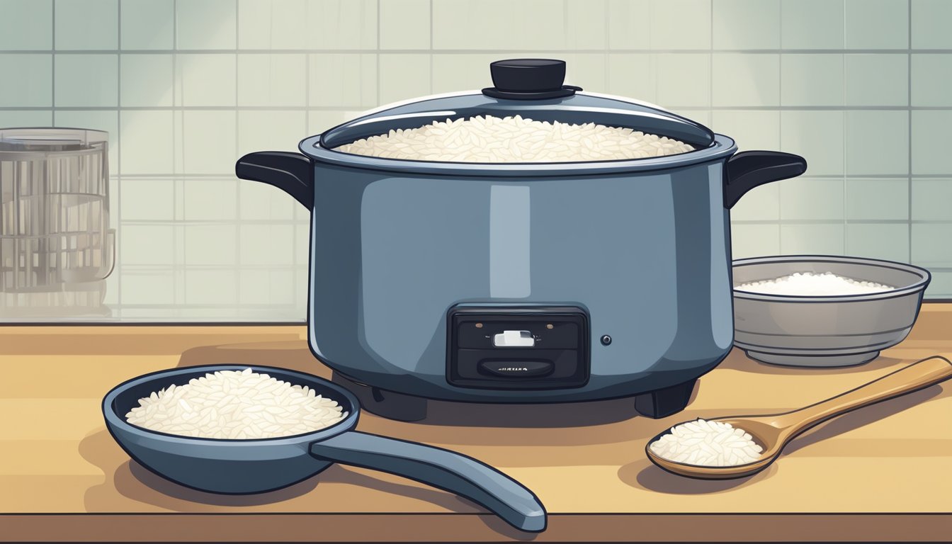 A pot of Parboiled Rice brand rice simmers on the stove, steam rising as it cooks. A measuring cup and spoon sit nearby, ready for use