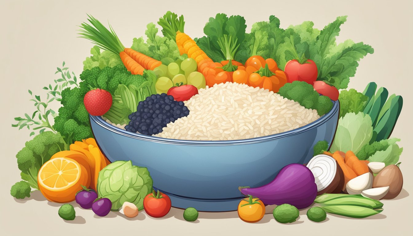 A bowl of steaming parboiled rice surrounded by colorful vegetables and fruits, with a banner above reading "Health and Dietary Benefits."