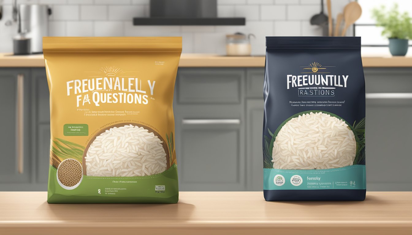 A bag of "Frequently Asked Questions" parboiled rice sits prominently on a kitchen counter, with a logo and cooking instructions clearly displayed