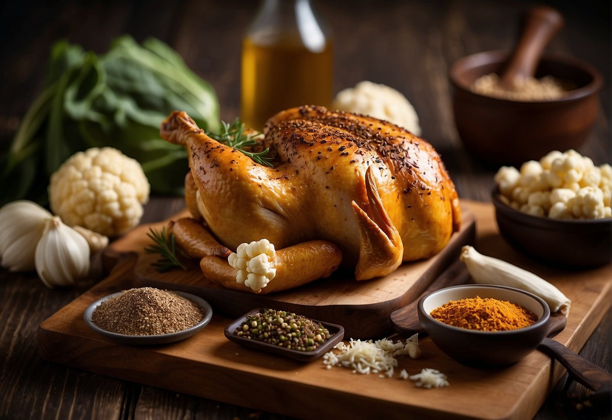 A whole chicken, fresh cauliflower, and various Chinese seasonings laid out on a wooden cutting board with potential ingredient substitutions nearby