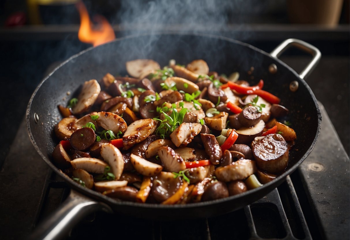 A sizzling wok cooks chicken, Chinese sausage, and mushrooms in a fragrant stir-fry