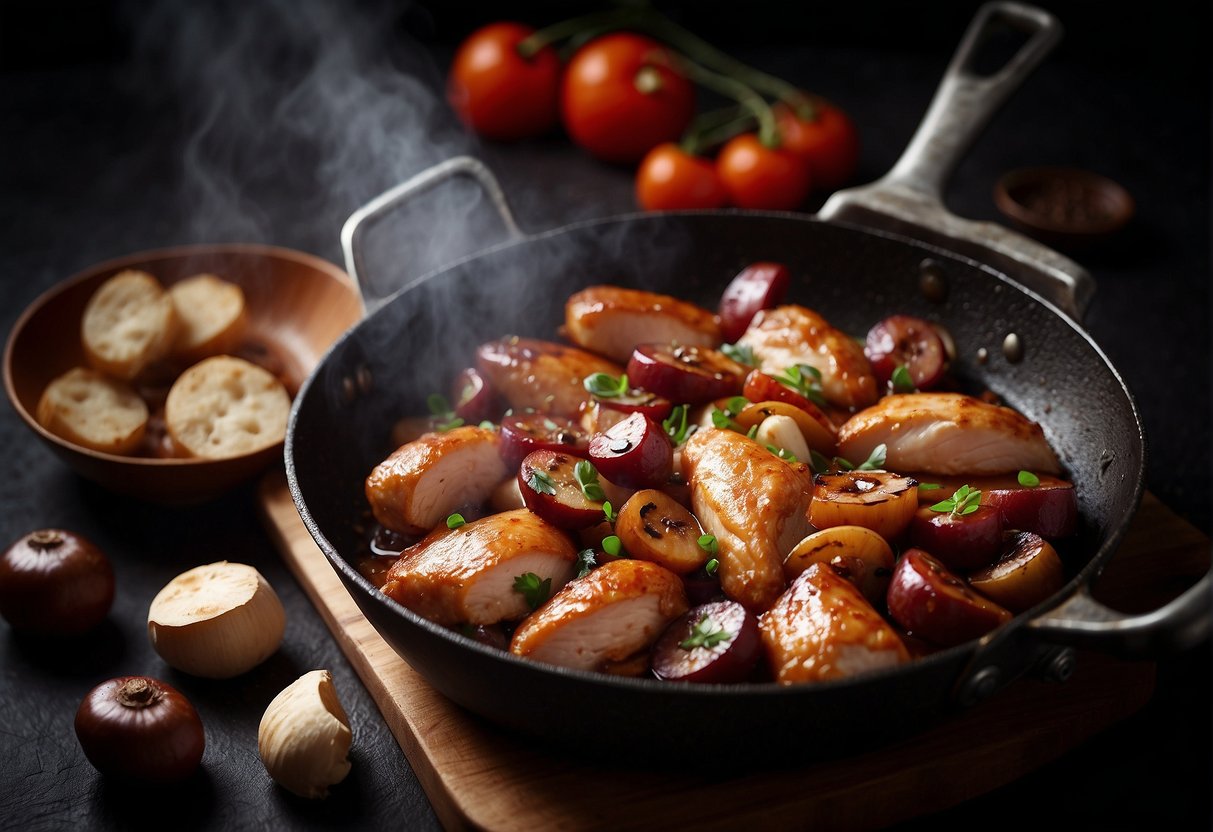 A chicken and Chinese sausage sizzling in a hot pan with mushrooms and aromatic spices