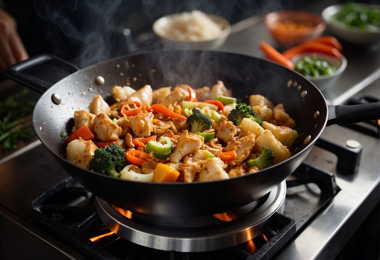 A wok sizzles with chicken, cauliflower, and Chinese spices. Steam rises as the dish is being stirred over a gas stove