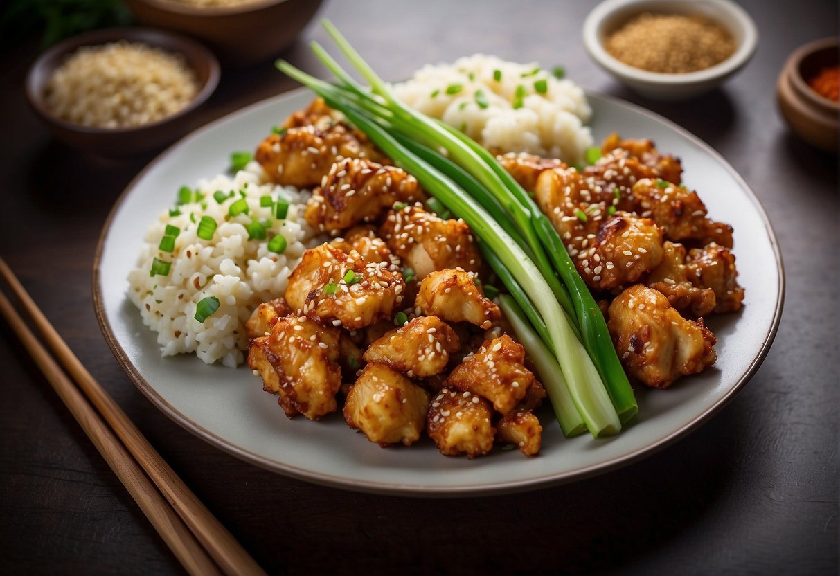 A platter of Chinese chicken cauliflower dish, garnished with sesame seeds and green onions, is elegantly presented on a wooden table