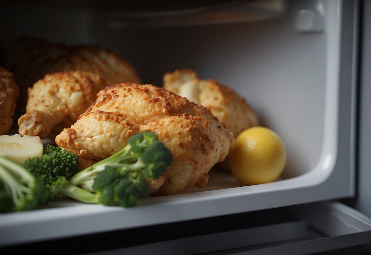 A container of chicken cauliflower Chinese recipe sits in a refrigerator. A person reheats it in a microwave